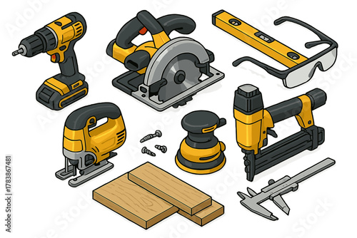 Isometric essential power tools and safety equipment including drill, saw, and sander