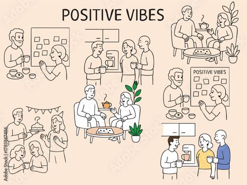 A set of cozy office scenes featuring a relaxation area with comfy chairs, plants, tea, board games, a friendly mini-kitchen coffee corner, colleagues sharing homemade treats, celebrating birthdays an