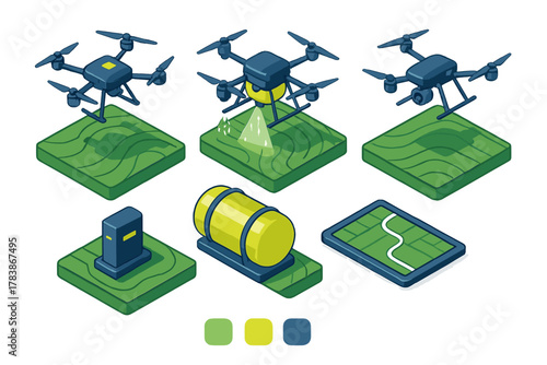 Modern farming drone technology isometric icons for precision agriculture and crop management