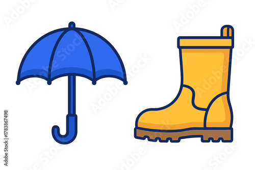 Blue open umbrella and yellow rubber rain boot set for wet weather protection