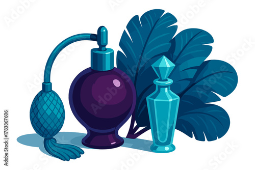 Ornate vintage perfume bottles with atomizer and crystal stopper among exotic tropical leaves