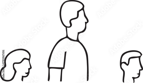 A drawing of a tall person standing in the center, surrounded by smaller figures behind and in front, symbolizing contrast and perspective.