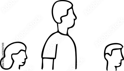 A drawing of a tall person standing in the center, surrounded by smaller figures behind and in front, symbolizing contrast and perspective.