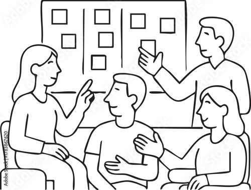 An illustration showing an agile sprint or kanban board discussion in an informal workspace, where team members collaborate in a relaxed lounge or open-space environment.