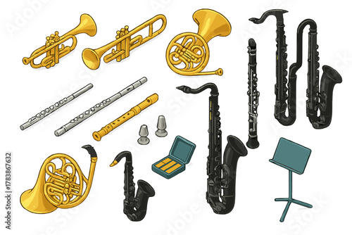 Isometric collection of brass and woodwind instruments used in orchestras and bands