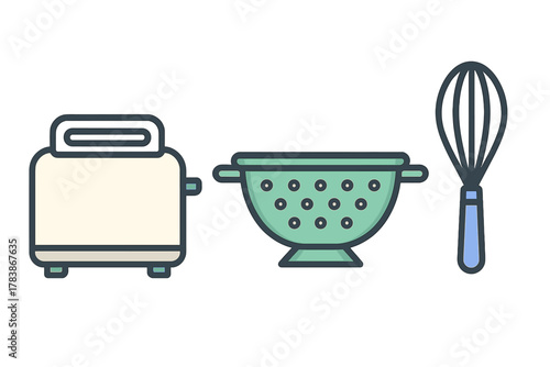 Set of common kitchen appliances and cooking tools including toaster, colander, and wire whisk