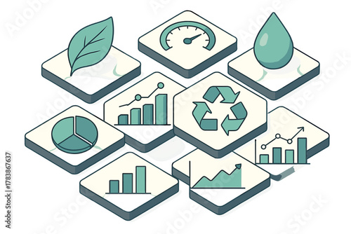 Isometric icons showing sustainability, resource management, and financial growth metrics