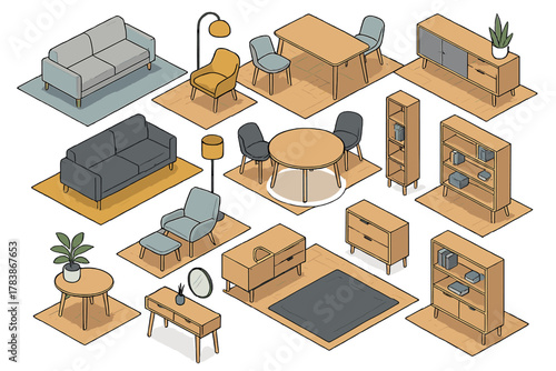 Isometric collection of stylish modern interior furniture including seating, tables, and storage units