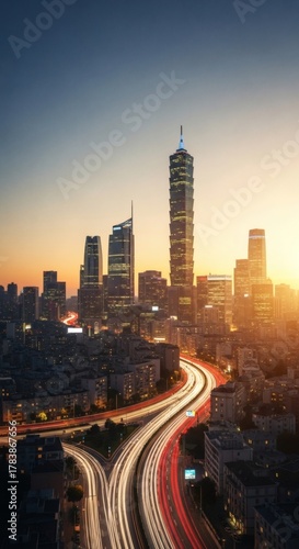 Taipei City Skyline at Sunset with Light Trails and Modern Architecture Urban Night Cityscape  
