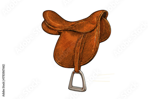 Classic brown leather English riding saddle with metal stirrup isolated on white