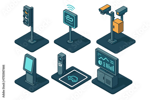 Isometric view of smart city infrastructure components and intelligent transportation systems