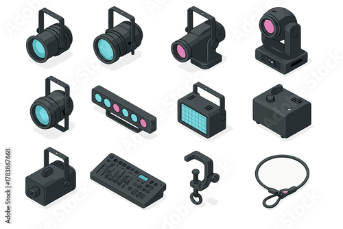 Isometric set of professional stage lighting equipment and accessories for concerts and events
