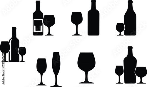 Wine bottles and glasses vector silhouettes, black and white minimalist drinkware icons, champagne flutes, alcohol beverage design, bar celebration illustration