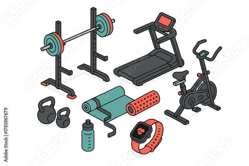 Isometric set of gym equipment, weights, cardio machines, and fitness accessories