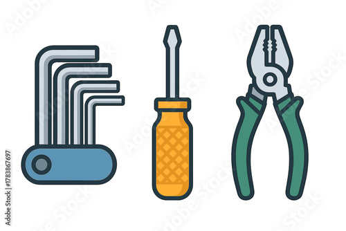 Essential hardware tools set including hex keys, flathead screwdriver, and combination pliers for repair