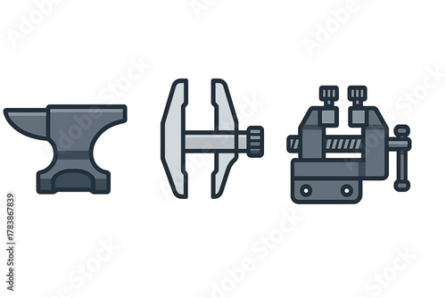 Industrial tools set featuring anvil, measuring caliper, and sturdy bench vise