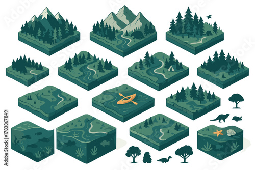 Isometric nature landscape tiles set featuring mountains forests rivers lakes and outdoor activities