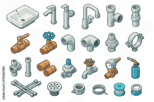 Isometric collection of plumbing tools, equipment, fixtures, and pipe fittings