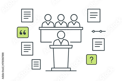 Public speaker addressing a panel or jury with surrounding icons for feedback and documentation