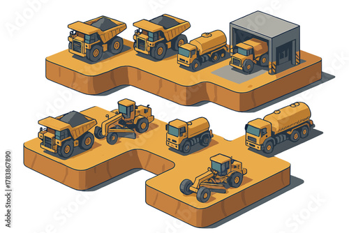 Isometric set of heavy construction and mining vehicles on a stylized terrain platform