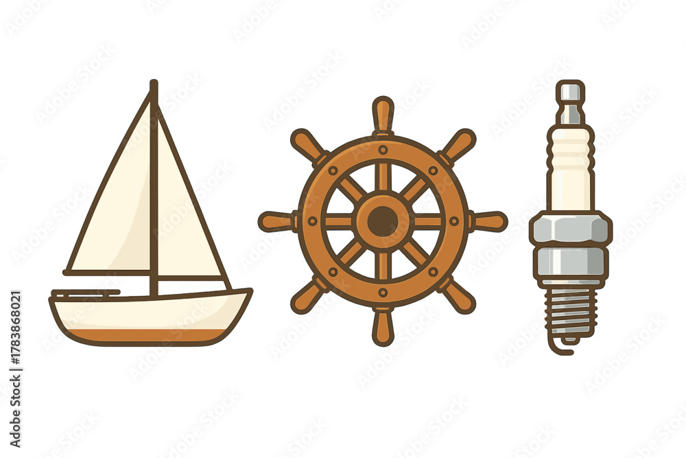 Fototapeta premium Set of isolated objects featuring a sailboat, wooden ship's helm, and engine spark plug