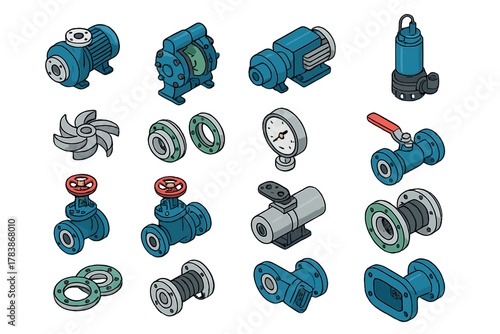 Isometric set of industrial pumps, valves, flanges, and mechanical components for fluid systems