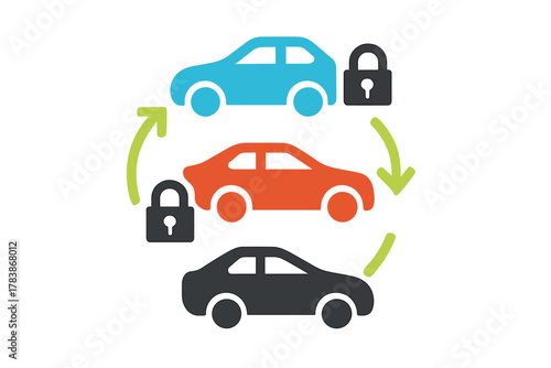 Secure car sharing and rental service cycle with vehicles and padlock icons