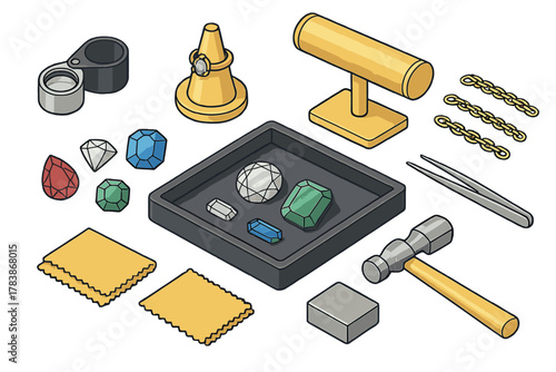 Colorful gems, gold chains, magnifying loupe, tweezers, and jeweler's workbench tools assortment