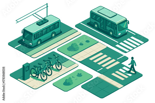 Isometric city grid showing public transit buses, electric trolleybus, bike rental station, and pedestrian zones