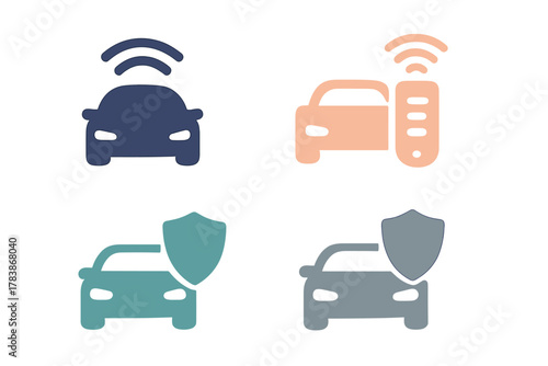 Modern smart car technology, remote control access, and vehicle security protection icons