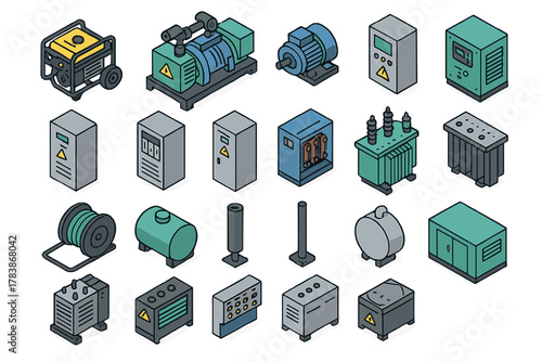 Isometric industrial electrical equipment set: generator, motor, transformer, control panel, storage tank