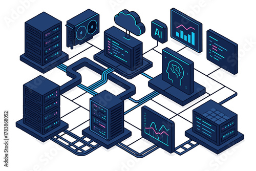 Isometric visualization of a complex data center network featuring cloud computing and machine learning infrastructure