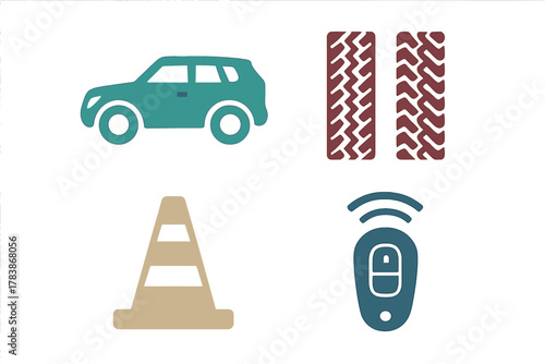 Automotive icons set featuring a car silhouette, tire tracks, traffic cone, and key fob symbol