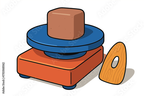 Electric pottery wheel with raw clay block and wooden shaping tool for ceramics art