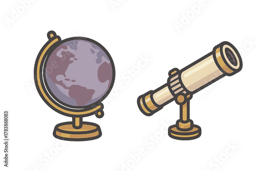 Stylized astronomical globe and vintage telescope set for scientific exploration and learning