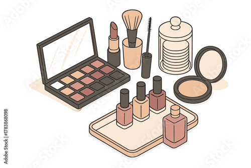 Assortment of beauty and cosmetic products including eyeshadow, lipstick, nail polish, and makeup brushes