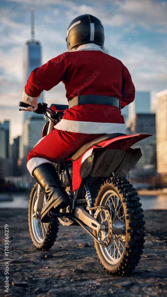 Fototapeta premium Santa Claus Rider on Dirt Bike Overlooking Manhattan Skyline During Golden Hour Urban Adventure