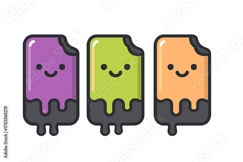 Three colorful smiling popsicles dipped in dark chocolate coating with a bite taken out