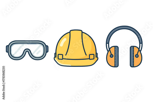 Personal Protective Equipment including safety goggles hard hat and ear defenders for industrial security