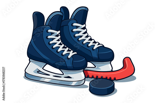 Blue ice hockey skates with white laces and red blade guards standing next to a black puck