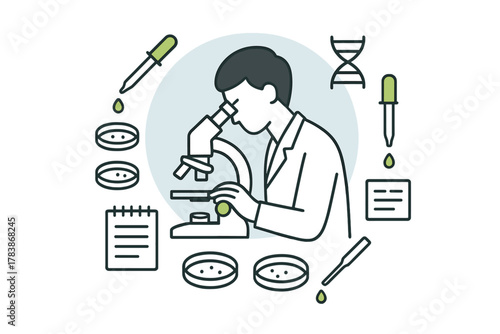 Scientific research concept with a laboratory worker using a microscope surrounded by DNA, petri dishes, and pipettes