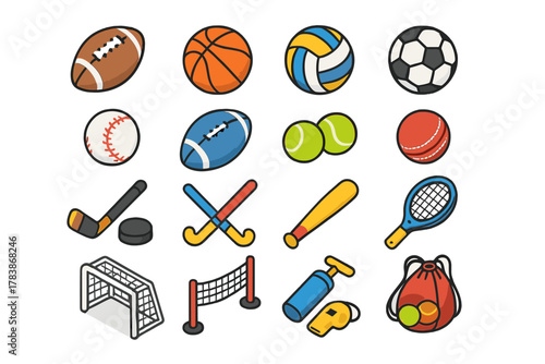 Collection of isometric athletic game equipment including football, basketball, baseball, and tennis gear