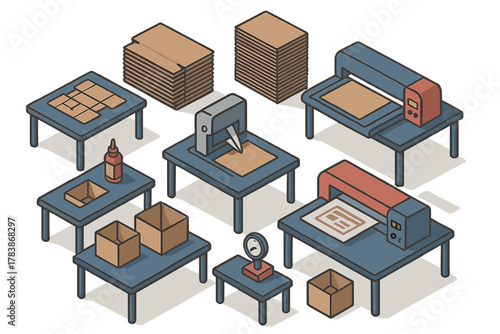 Isometric workflow of cardboard box manufacturing assembly line with machinery and materials