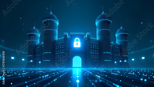 A castle with a prominent lock illuminated by blue light, creating an atmosphere of mystery and security.