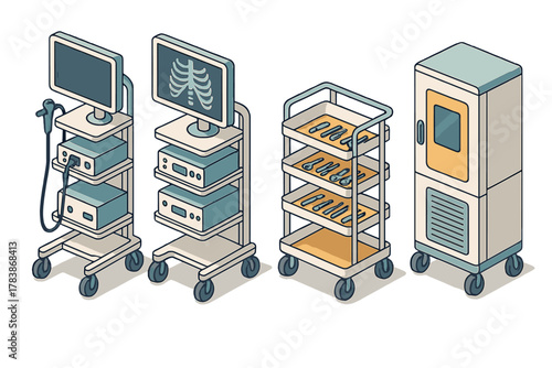 Isometric set of medical equipment, carts, diagnostic monitors, and sterilization cabinet