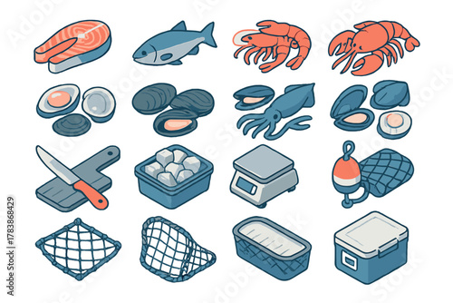 Isometric set of fresh seafood, fish, shellfish, and market equipment icons
