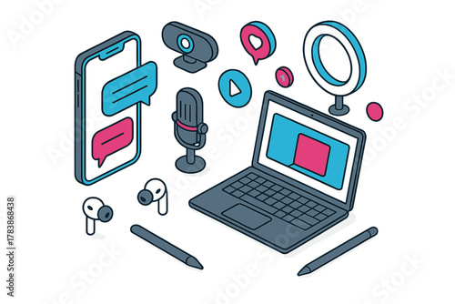 Isometric setup of digital communication and content creation devices: laptop, smartphone, microphone, ring light