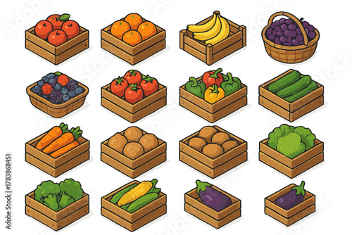 Large collection of fresh organic fruits and vegetables displayed in wooden crates and baskets