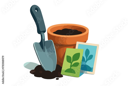 Hand trowel, terracotta pot with soil, and colorful seed packets for spring planting
