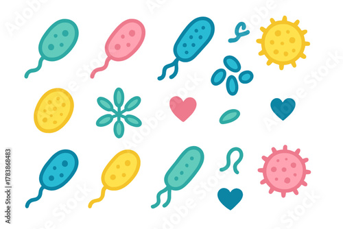 Cute colorful bacteria, viruses, and microorganisms for biology and health concepts